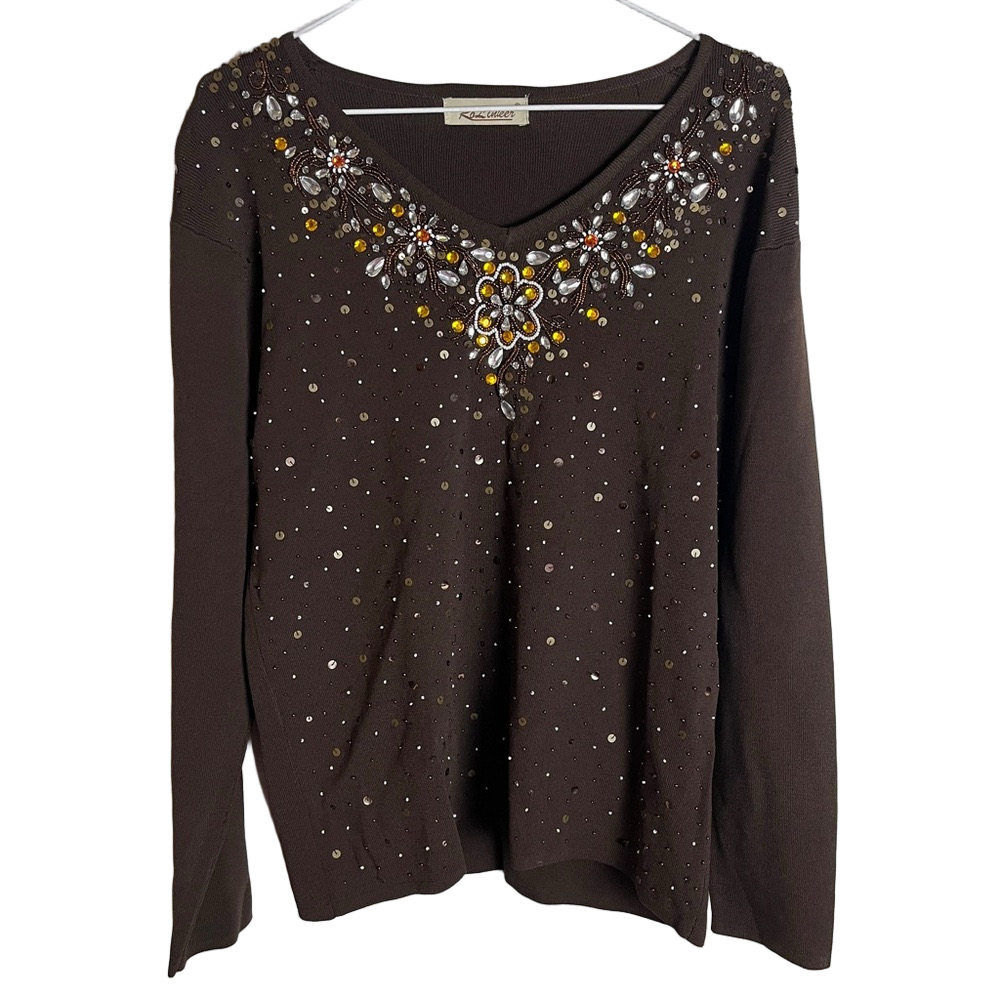 Vintage Chocolate Brown Beaded Embellished Sweater Long Sleeve Boho Chic Top
